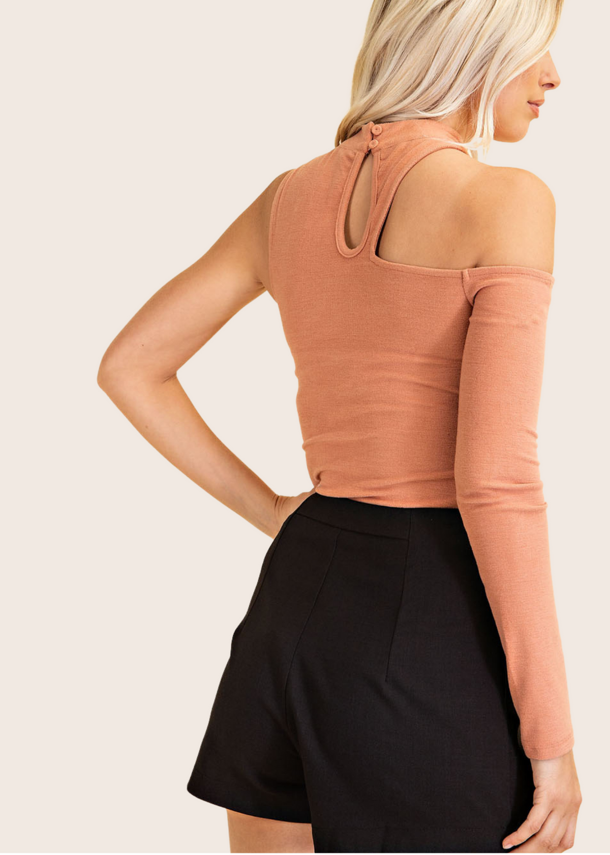 Peach One Shoulder Asymmetrical Long Sleeve Snap to Close Bodysuit