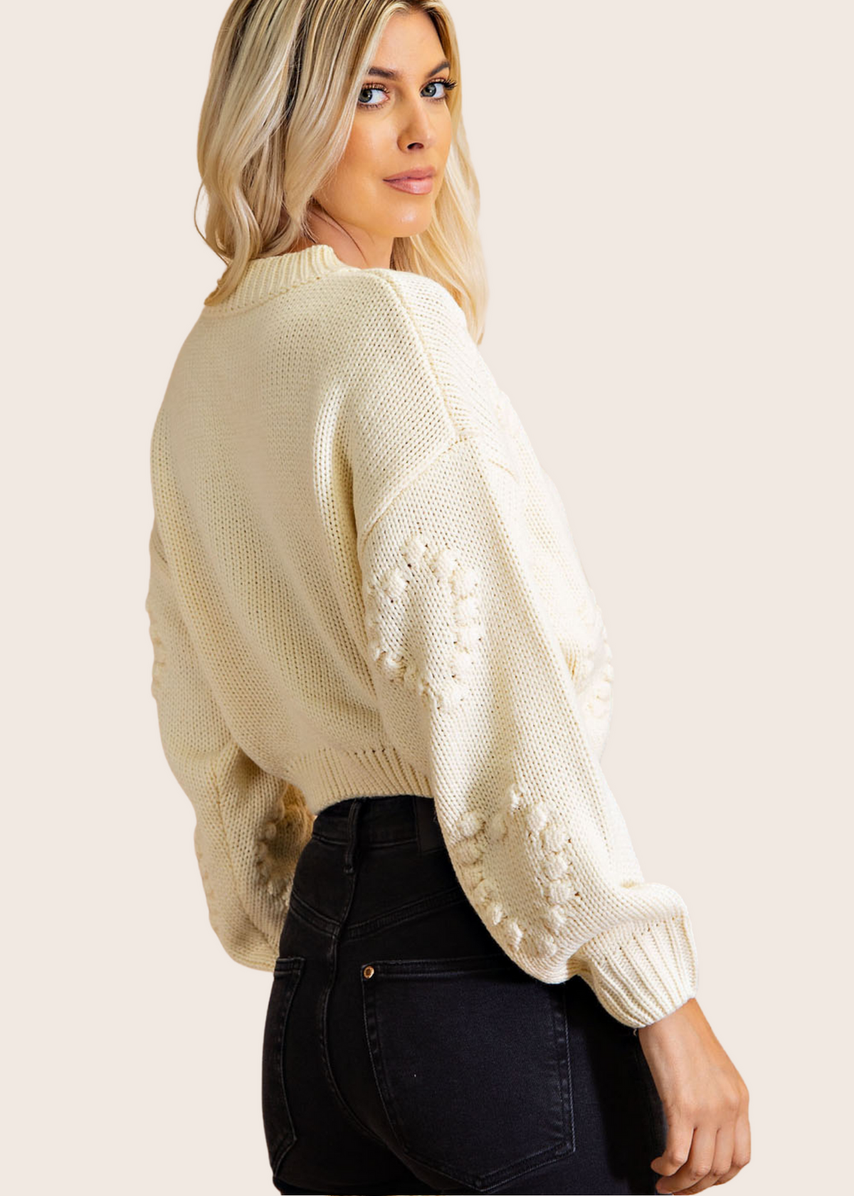 Cream Knit Heart Pattern Long Sleeve Semi-Cropped Pullover