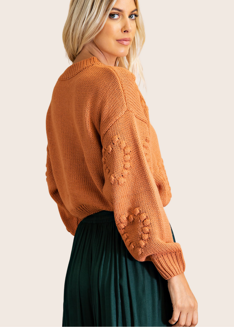 Apricot Knit Heart Pattern Long Sleeve Semi-Cropped Pullover