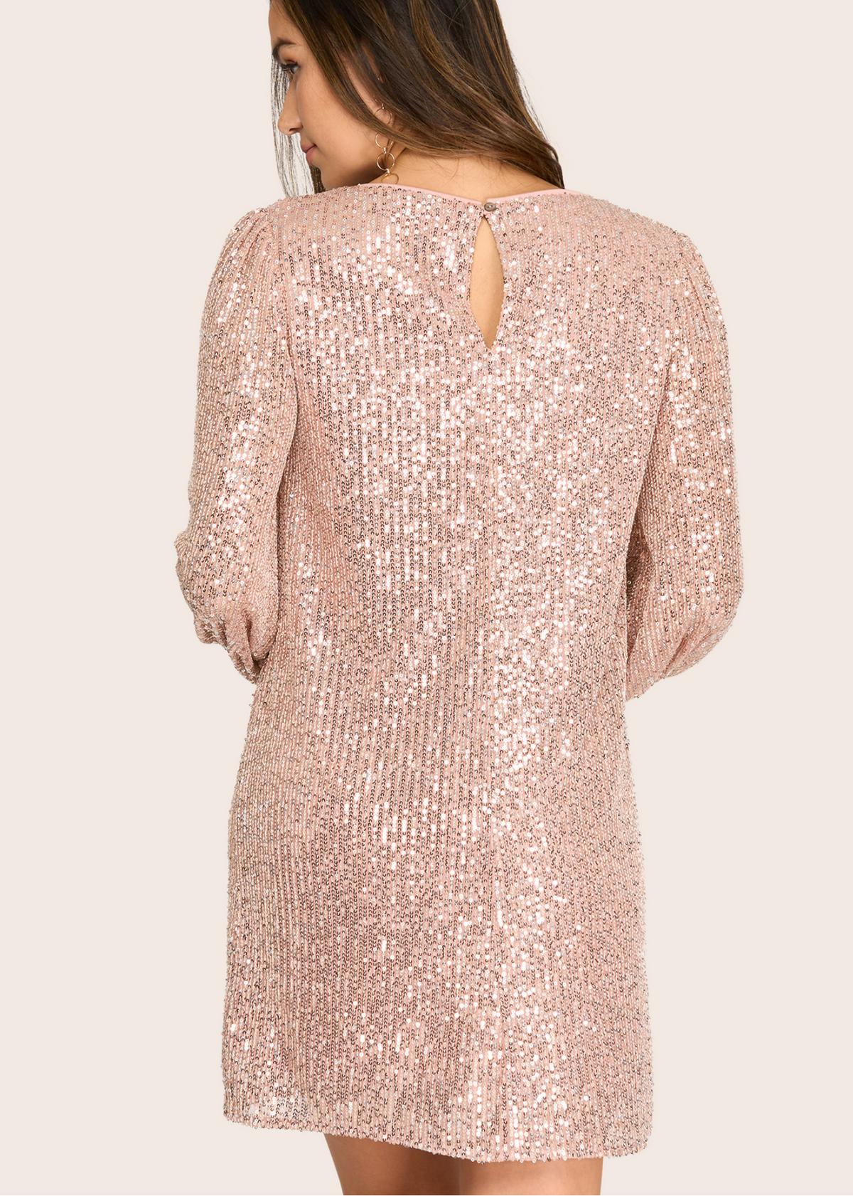 Champagne Kiss - Sequin Round Neck Mini Dress with Long Sleeves