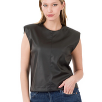 Vegan Leather Sleeveless Top With Shoulder Pads