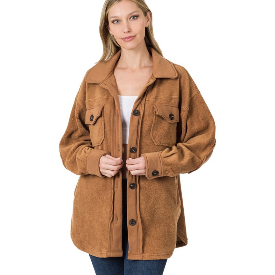 Brown Oversized Fleece Shacket with Elbow Patches