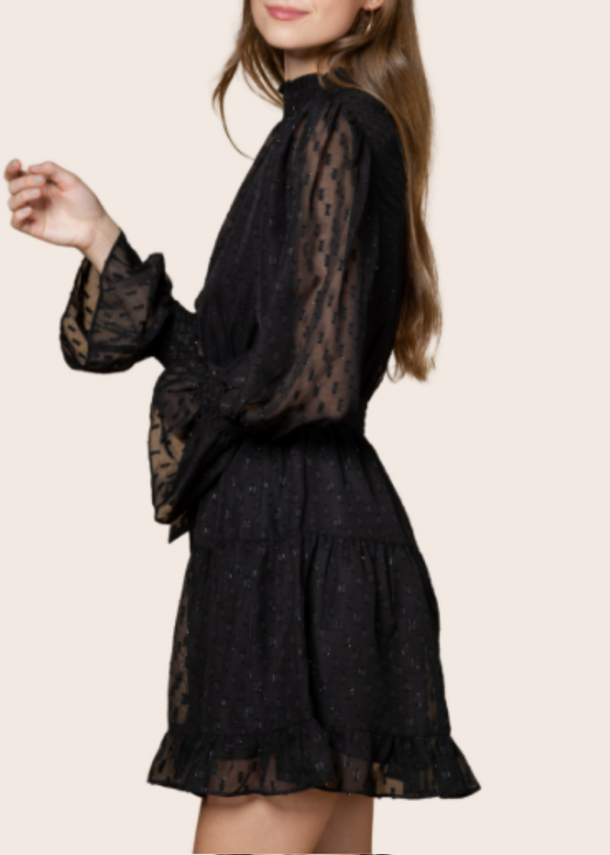 Black Foil Dotted Chiffon Long Bell Sleeve Midi Dress with Waist Tie