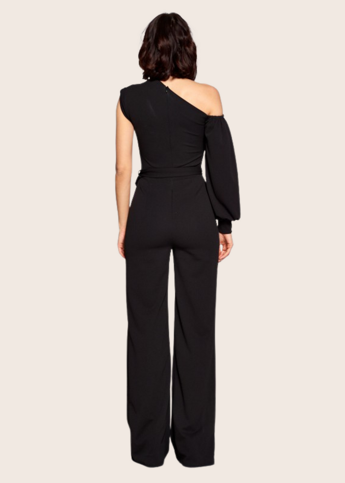 Midnight One Shoulder Long Sleeve Tie Front Long Jumpsuit