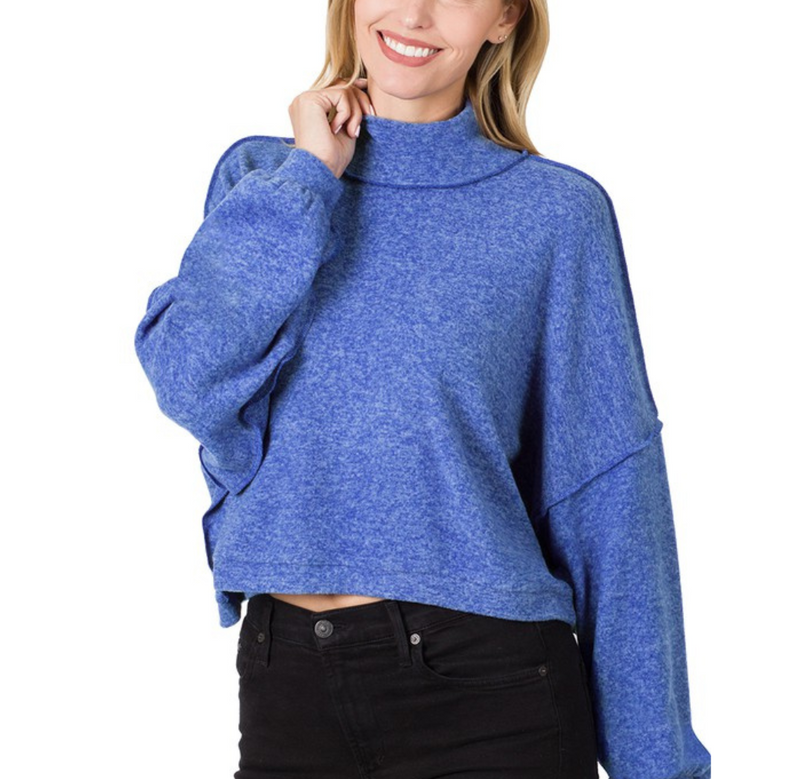 Blue Pullover Mock Neck Cropped Sweater with Exposed Seams