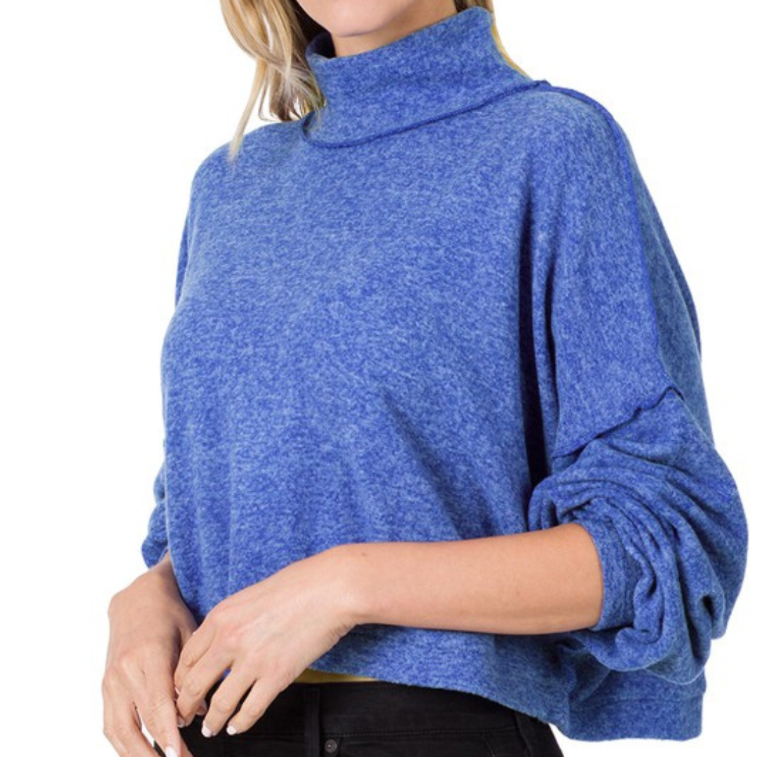 Blue Pullover Mock Neck Cropped Sweater with Exposed Seams