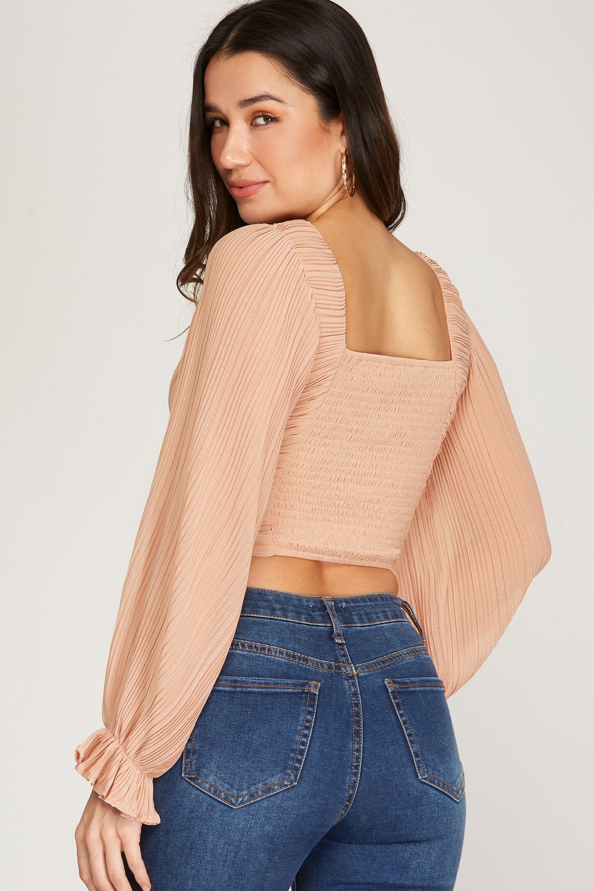 Soft Rose Long Sleeve Woven Plisse Cropped Top