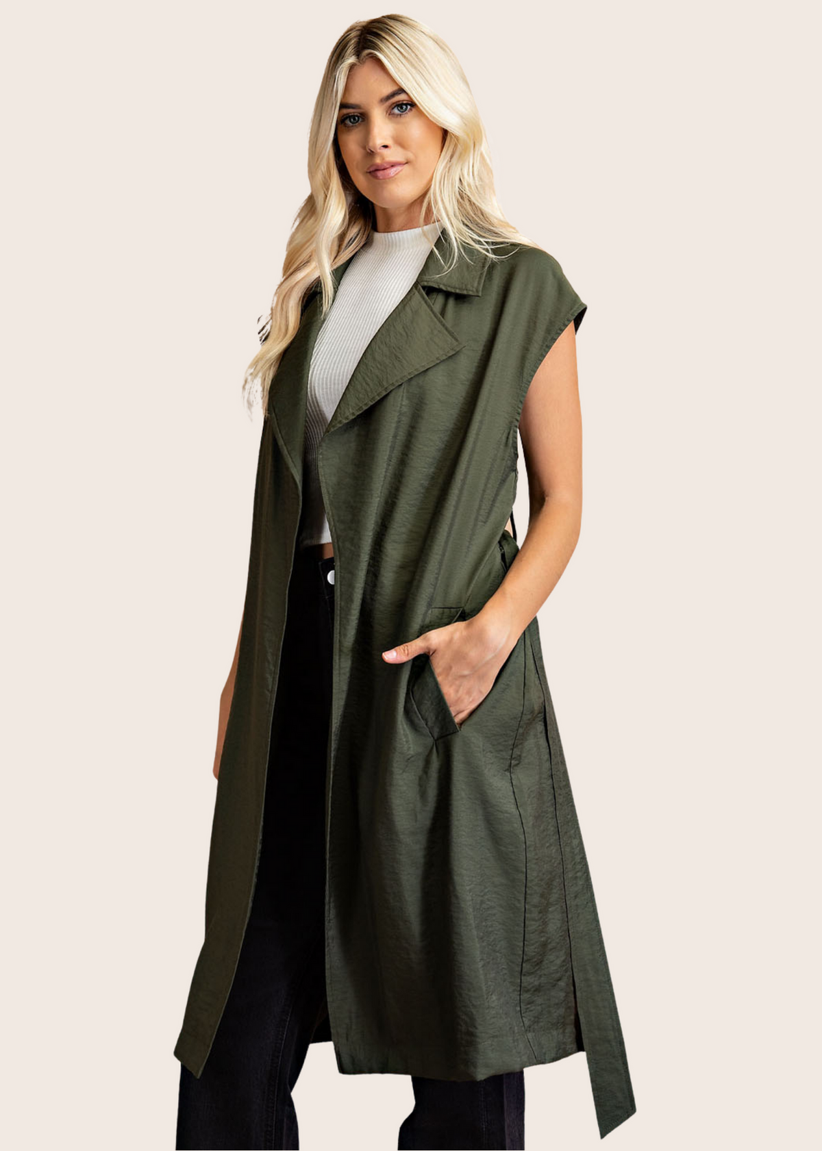 Long Double Breasted Sleeveless Olive Vest with Tie