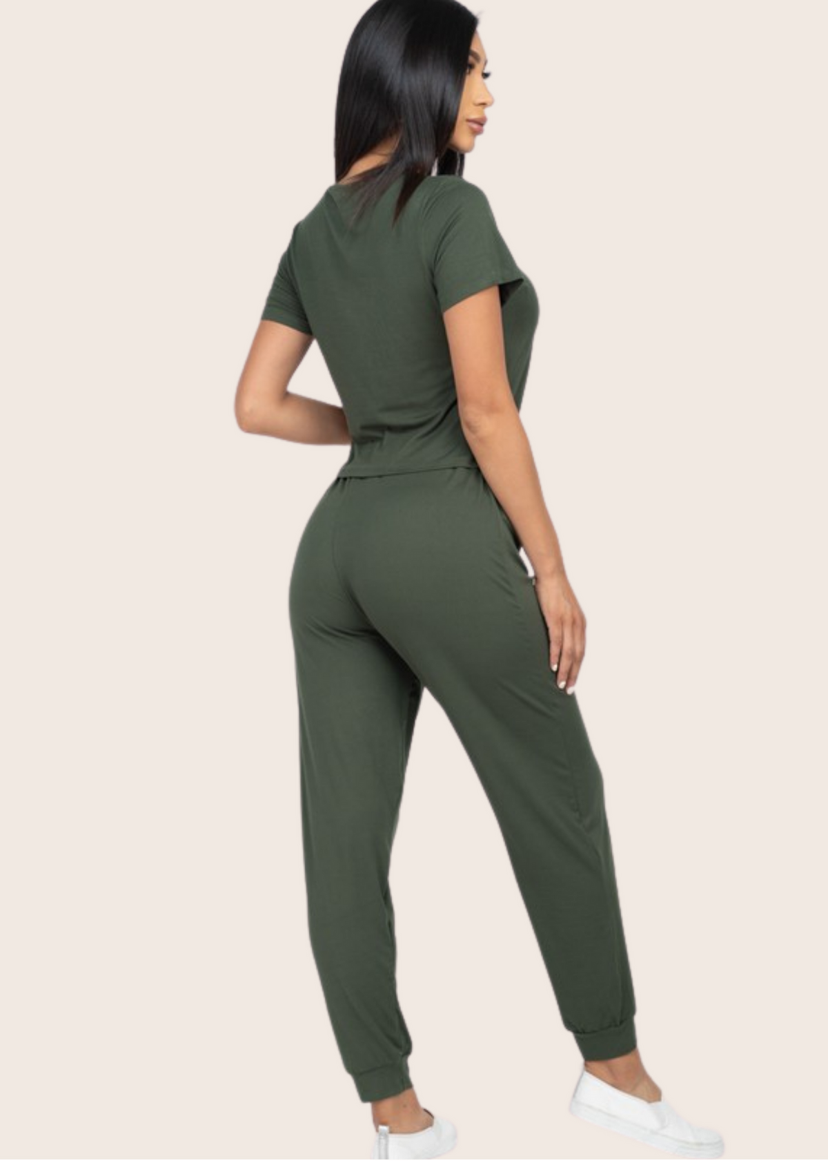 Olive Stretch Knit Short Sleeve Two-Piece Athletic Set