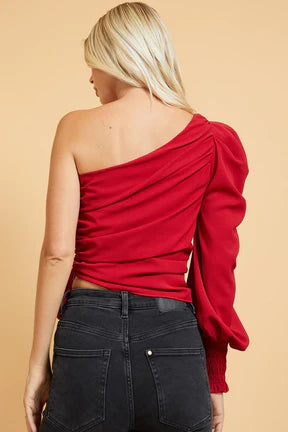 Red One Shoulder Tie Front Blouse