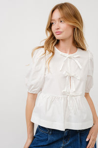 Front Tie Peplum Top with Puffed Sleeves