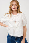 Front Tie Peplum Top with Puffed Sleeves