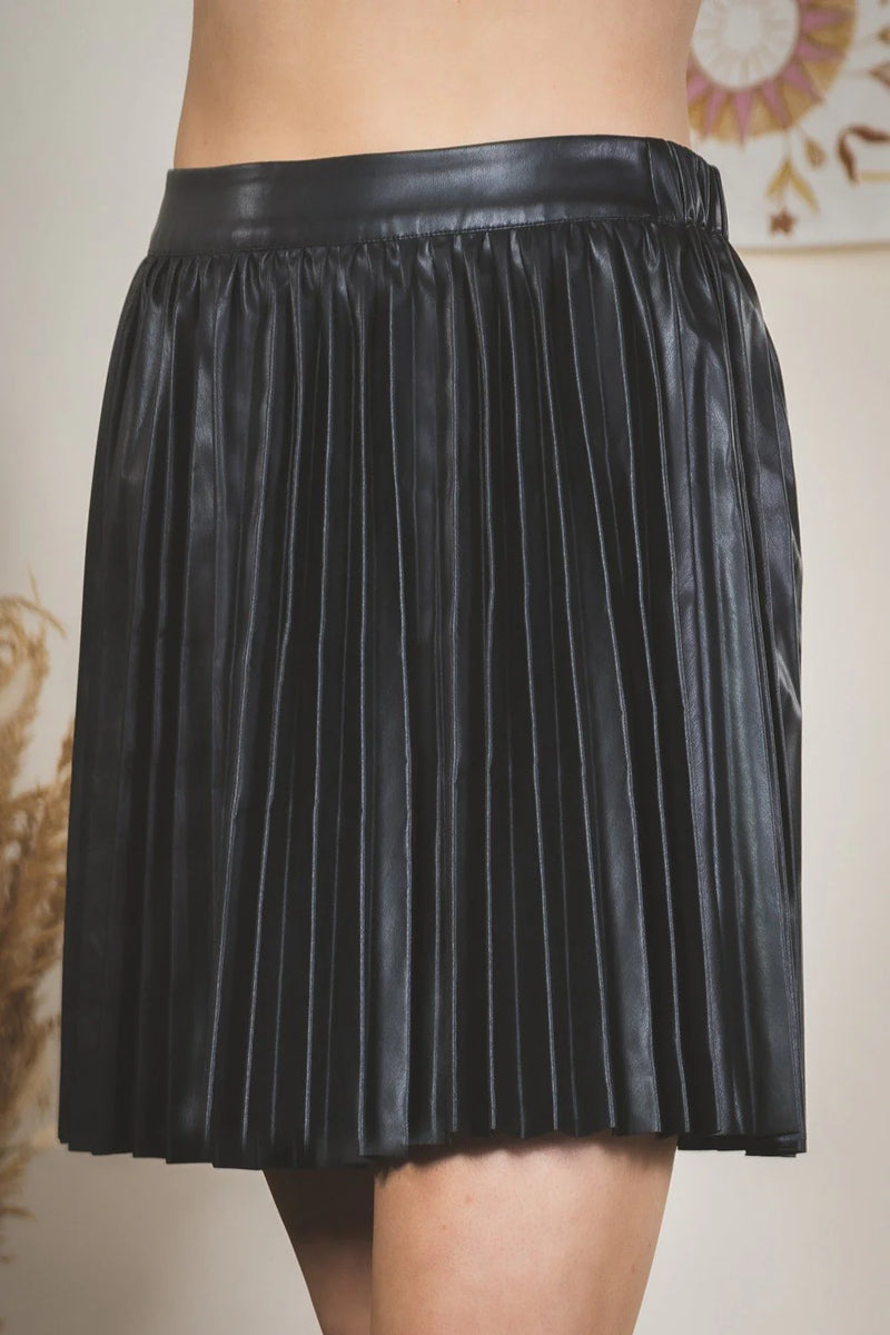 Black Faux Leather Pleated Skater Skirt