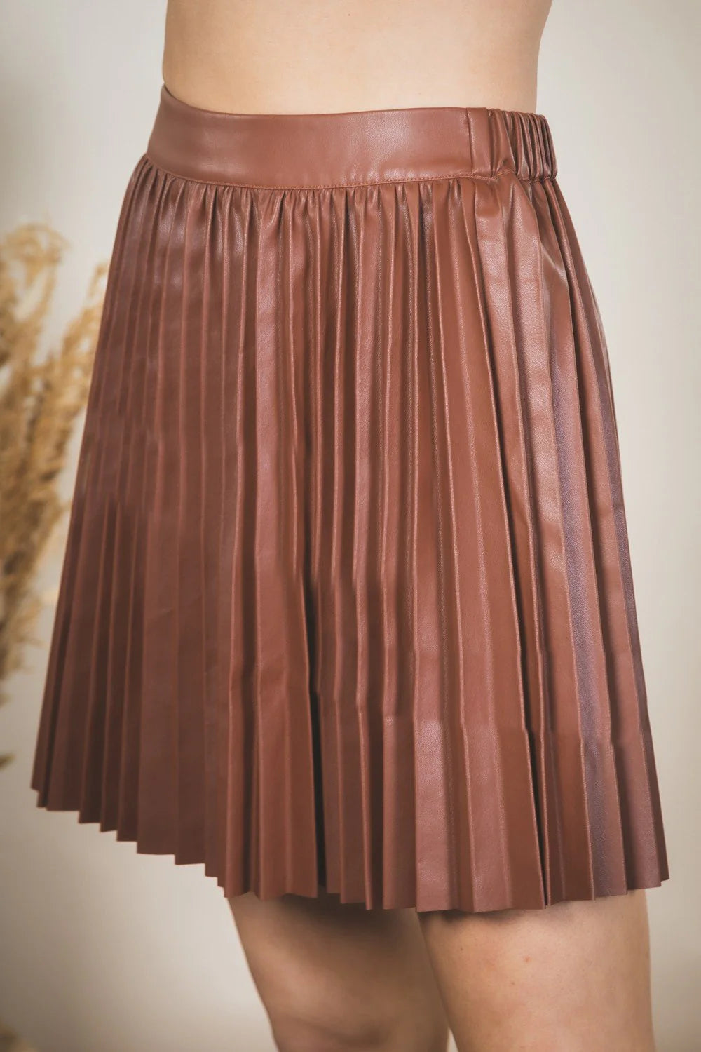 Camel Faux Leather Pleated Skater Skirt