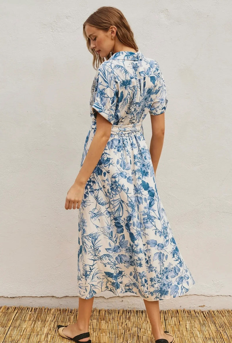 Porcelain Blue Open Front Floral Dress with Buckle