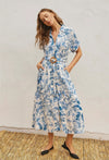 Porcelain Blue Open Front Floral Dress with Buckle