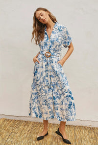 Porcelain Blue Open Front Floral Dress with Buckle