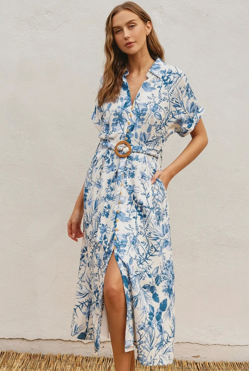 Porcelain Blue Open Front Floral Dress with Buckle