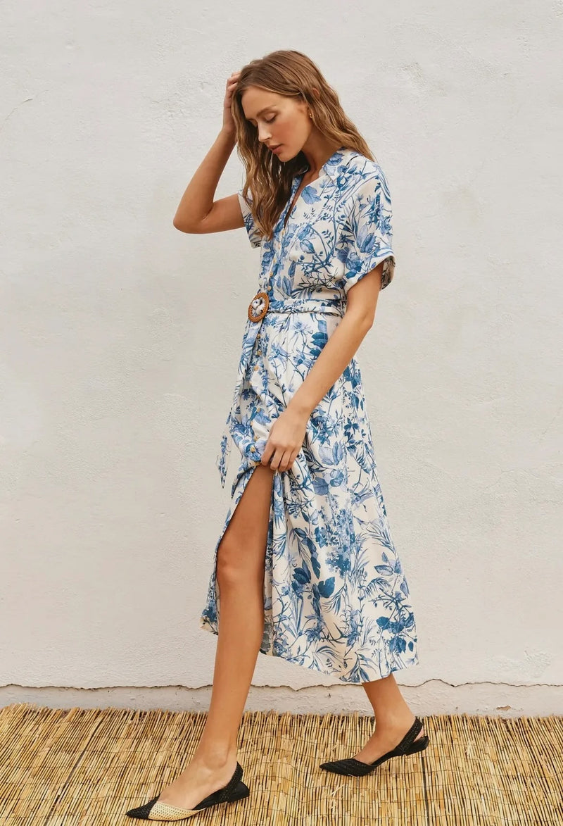 Porcelain Blue Open Front Floral Dress with Buckle