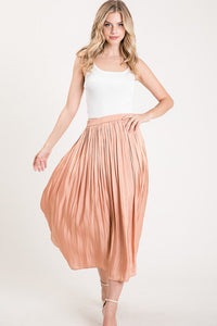 Golden Hour Waist High Satin Metallic Pleated Midi Skirt