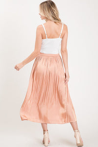 Golden Hour Waist High Satin Metallic Pleated Midi Skirt