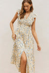 Yellow and Blue Daisy Floral Midi Dress With Ruffled Cap Sleeves