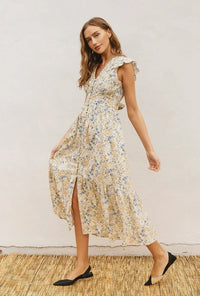 Yellow and Blue Daisy Floral Midi Dress With Ruffled Cap Sleeves