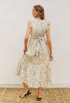 Yellow and Blue Daisy Floral Midi Dress With Ruffled Cap Sleeves