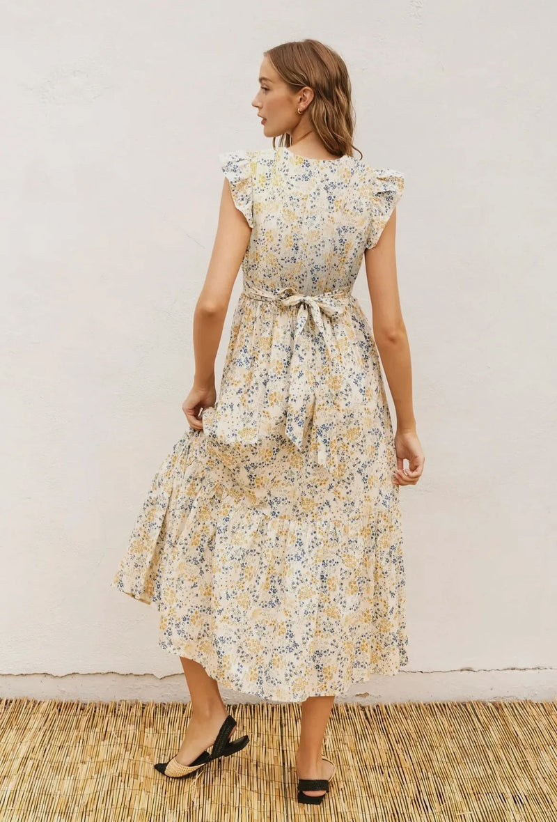 Yellow and Blue Daisy Floral Midi Dress With Ruffled Cap Sleeves