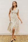 Yellow and Blue Daisy Floral Midi Dress With Ruffled Cap Sleeves