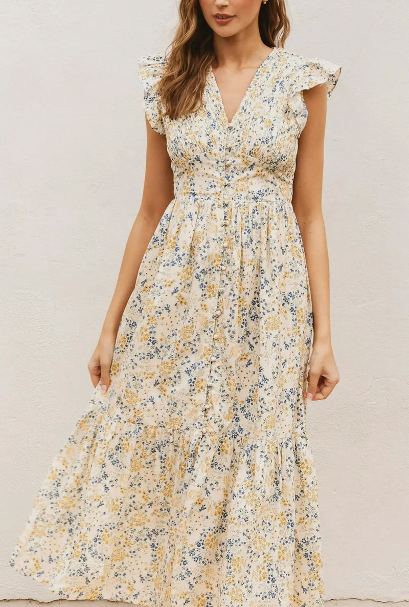 Yellow and Blue Daisy Floral Midi Dress With Ruffled Cap Sleeves