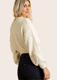 Cream Knit Heart Pattern Long Sleeve Semi-Cropped Pullover