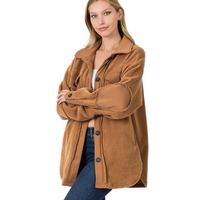 Brown Oversized Fleece Shacket with Elbow Patches