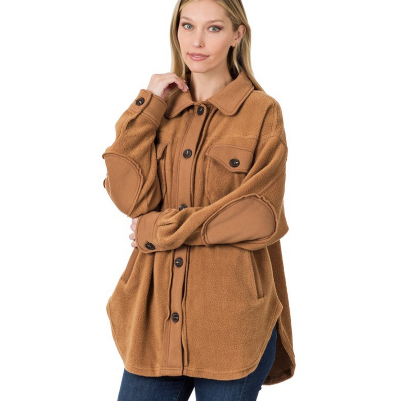 Brown Oversized Fleece Shacket with Elbow Patches