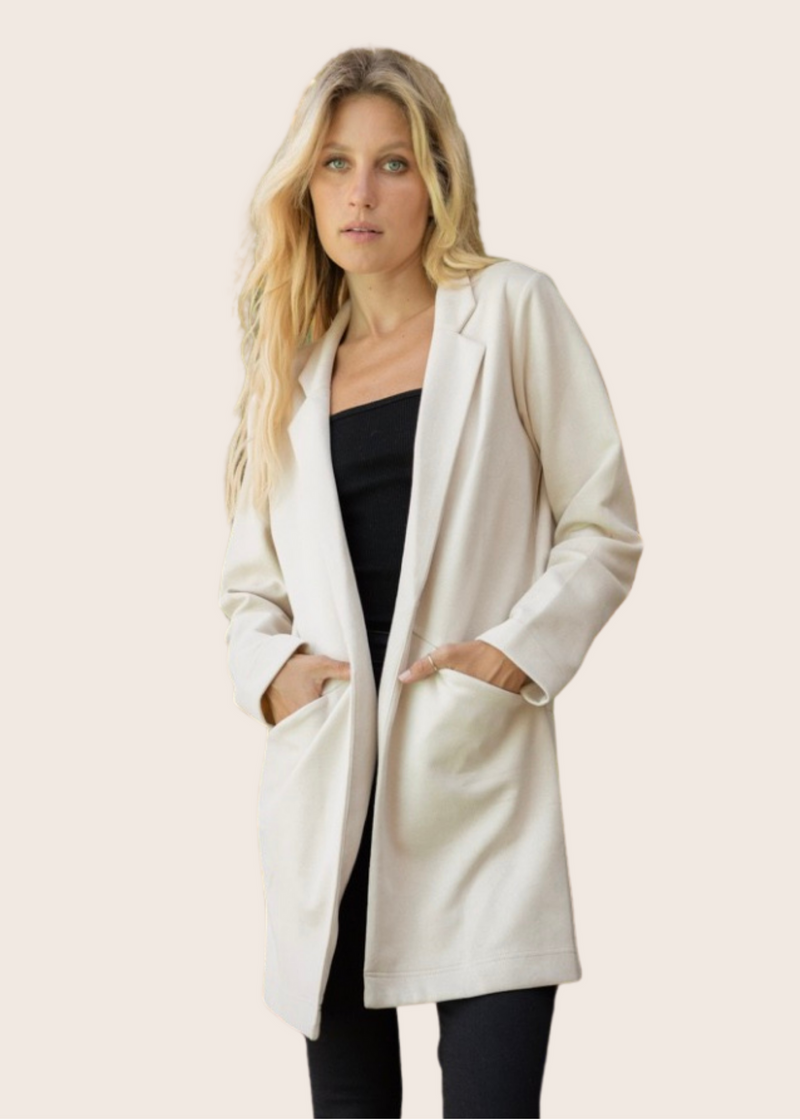 Susan - Suede Open Front Long Sleeve Jacket in Eggshell