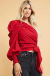 Red One Shoulder Tie Front Blouse