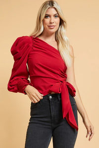 Red One Shoulder Tie Front Blouse