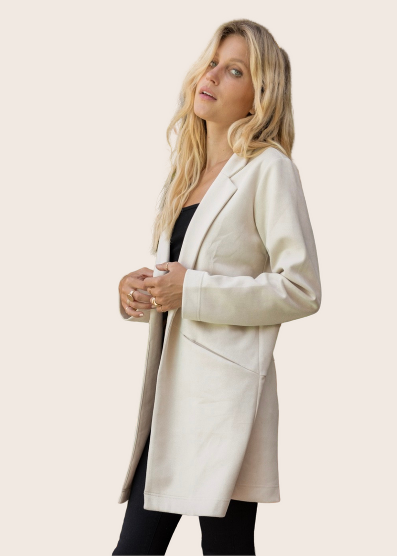 Susan - Suede Open Front Long Sleeve Jacket in Eggshell